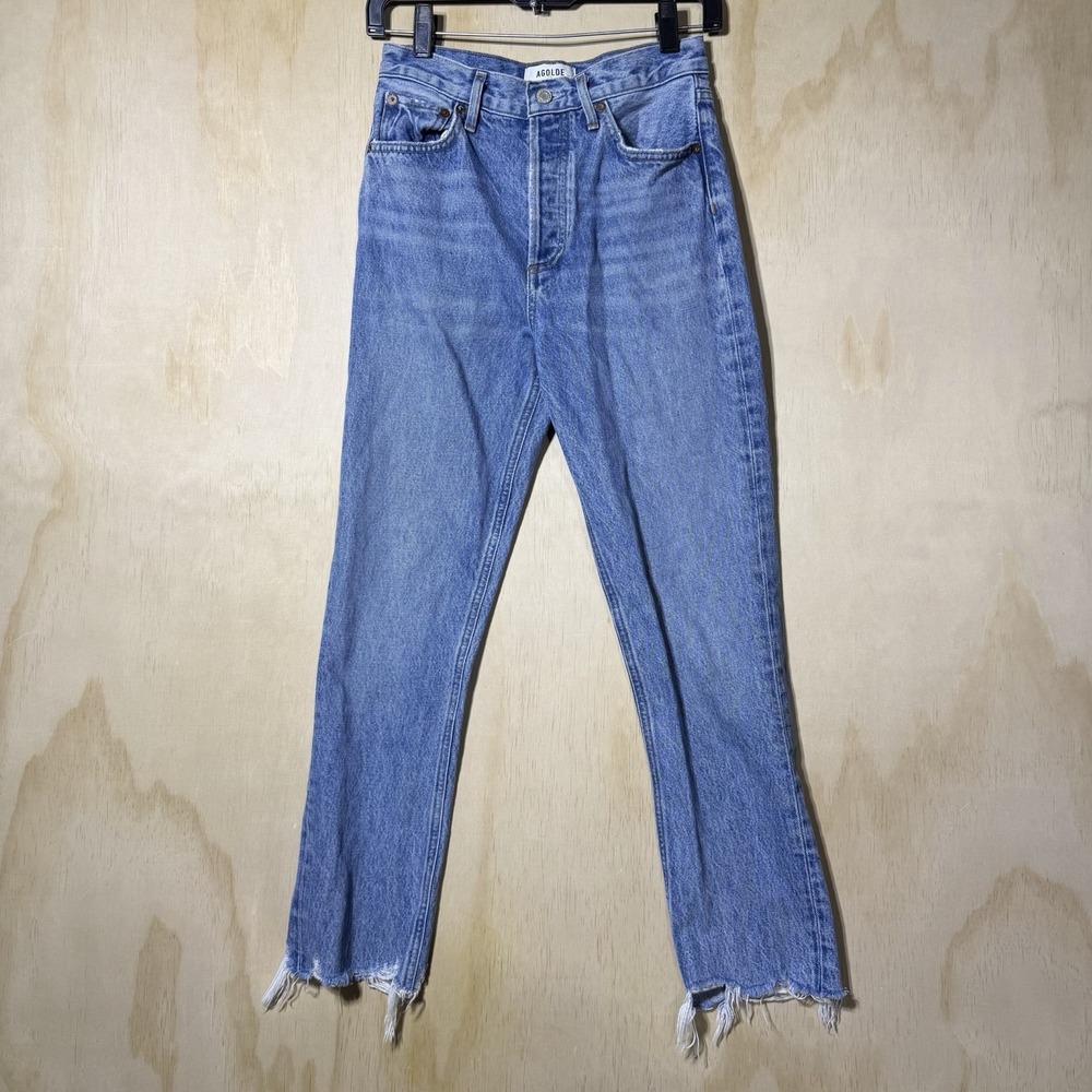 AGOLDE‎ Riley Crop Straight Jeans Women 24 High Rise Raw Hem Blue Denim